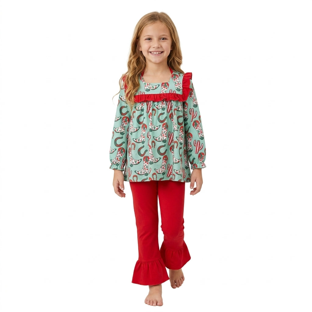 GLP2355 Small Flowers Boots Tunic Top Red Ruffle Pants Girls Christmas Clothes Set