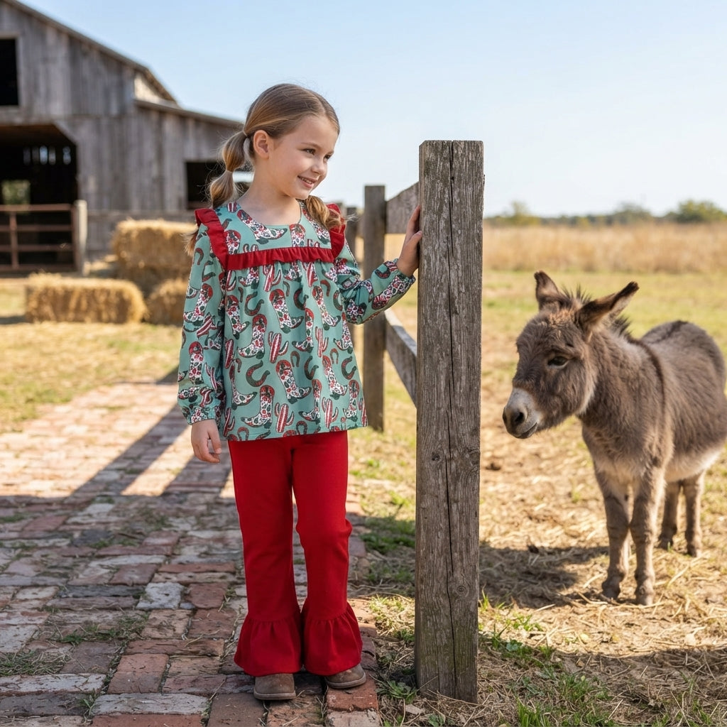 GLP2355 Small Flowers Boots Tunic Top Red Ruffle Pants Girls Christmas Clothes Set