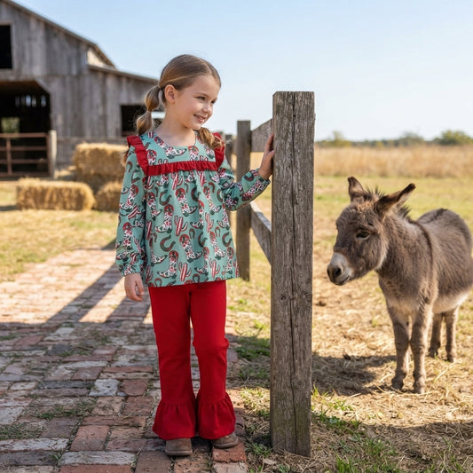 GLP2355 Small Flowers Boots Tunic Top Red Ruffle Pants Girls Christmas Clothes Set