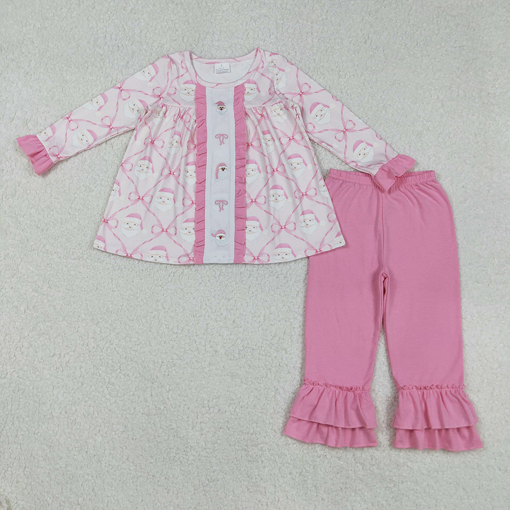 GLP2364 Santa Bows Embroidery Tunic Top Pink Ruffle Pants Girls Christmas Clothes Set
