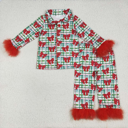 GLP2372 Bows Checkered Print Girls Christmas Buttons Fur Pajamas Clothes Set
