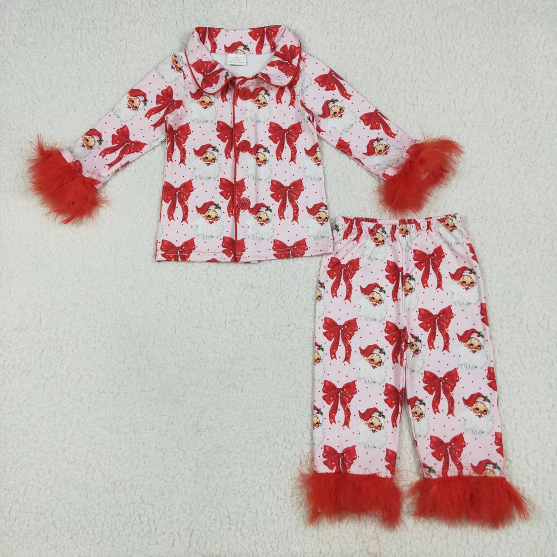 Sibling Baby Girls Sister Christmas Bows Santa Buttons Top Pants Fur Pajamas Clothes Sets