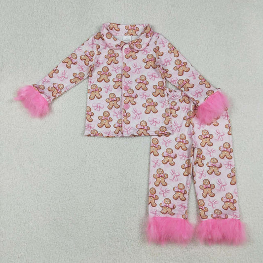 Mama and Me Pink Bows Gingerbread Button Top Pants Christmas Fur Pajamas Sets