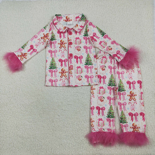 GLP2375 Gingerbread Bows Tree Print Girls Christmas Buttons Fur Pajamas Clothes Set