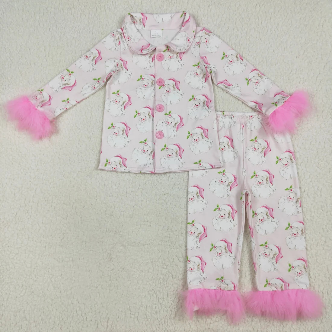 Sibling Baby Girls Sister Christmas Bows Santa Buttons Top Pants Fur Pajamas Clothes Sets