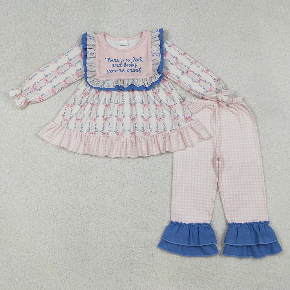 GLP2379 There's a God Flowers Bows Tunic Top Checkered Pants Girls Clothes Set