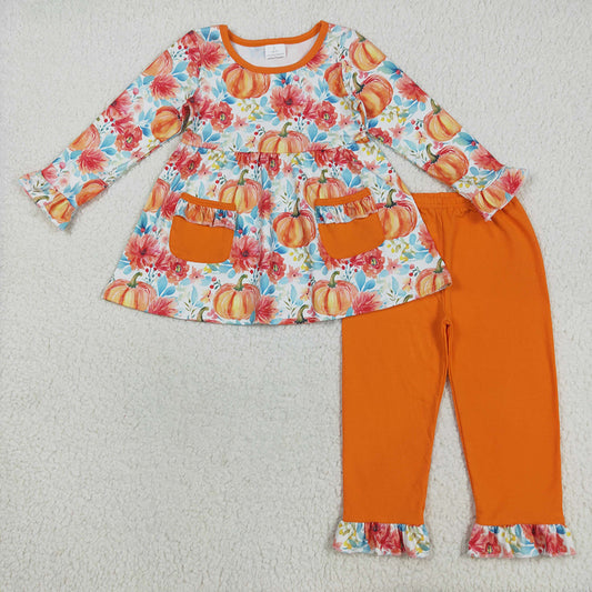 GLP2399 Pumpkin Flowers Pockets Tunic Top Orange Pants Girls Fall Clothes Set