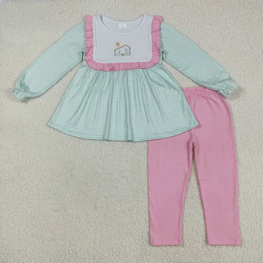 Sibling Baby Girls Embroidery Santa Nativity Candy Cane Lights Tunic Pants Christmas Clothes Sets