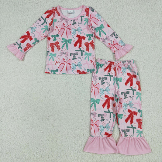 GLP2413 Green Red Bows Print Girls Christmas Pajamas Clothes Set