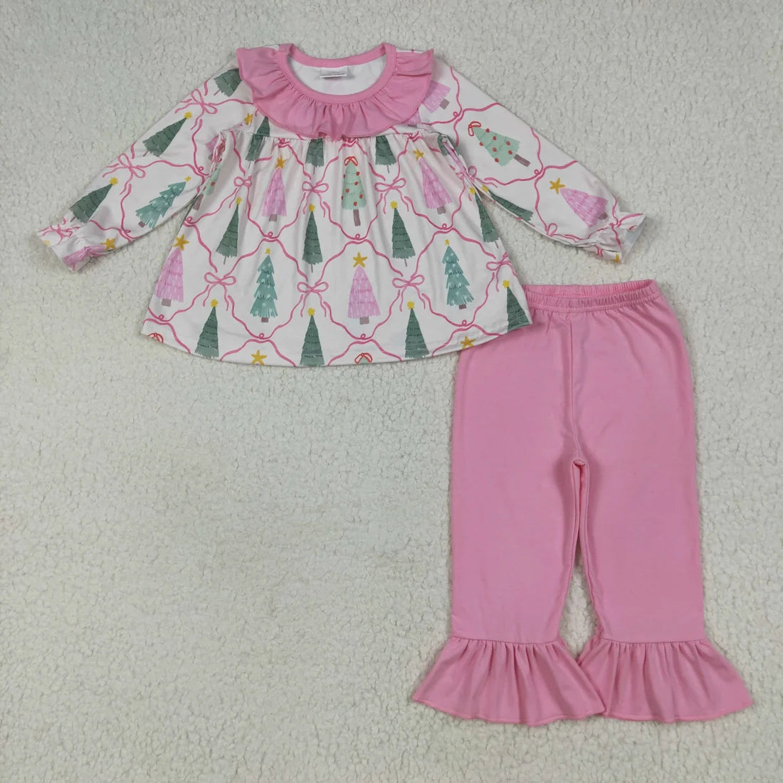 Sibling Baby Girls Long Ruffle Sleeves Holly Santa Plaid Tunic Pants Christmas Set