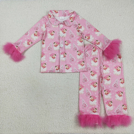 GLP2424 Santa Tree Pink Print Girls Christmas Buttons Fur Pajamas Clothes Set