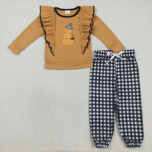 GLP2445 Pumpkin Embroidery Ruffle Top Checkered Joggers Girls Halloween Clothes Set
