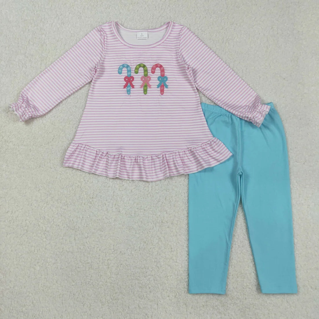 Sibling Baby Girls Embroidery Santa Nativity Candy Cane Lights Tunic Pants Christmas Clothes Sets