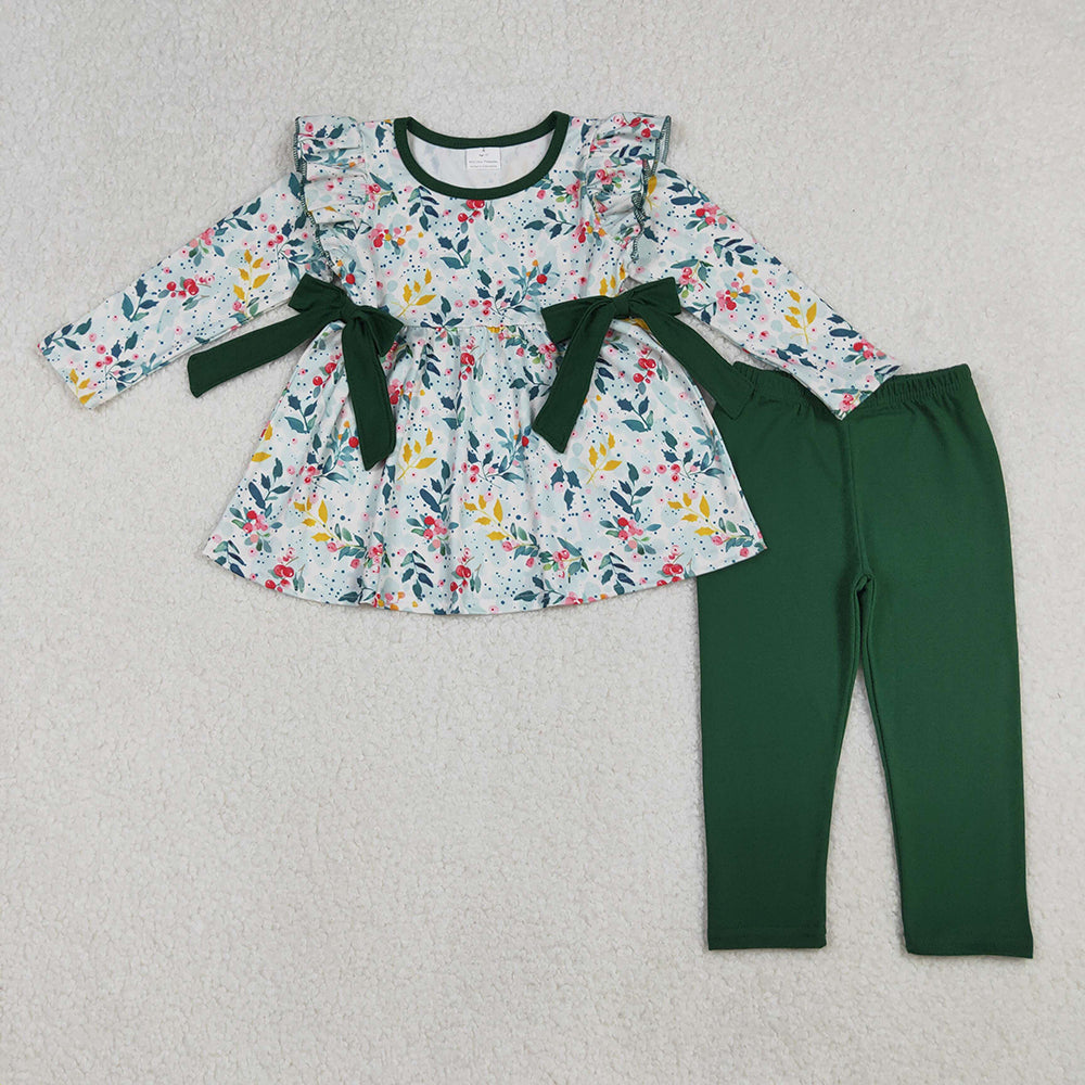 GLP2476 Flowers Tunic Top Green Pants Girls Christmas Clothes Set