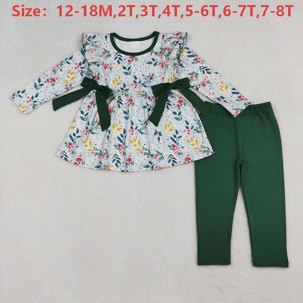 GLP2476 Flowers Tunic Top Green Pants Girls Christmas Clothes Set
