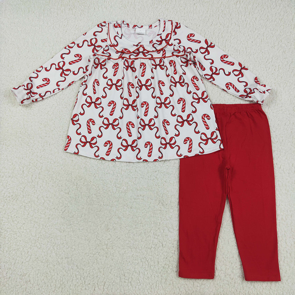 GLP2484 Candy Cane Bows Tunic Top Red Pants Girls Christmas Clothes Set