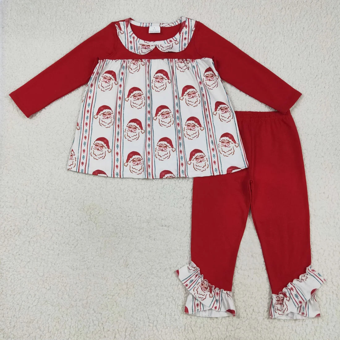 Sibling Baby Girls Long Ruffle Sleeves Santa Trees Bows Tunic Pants Christmas Clothes Sets