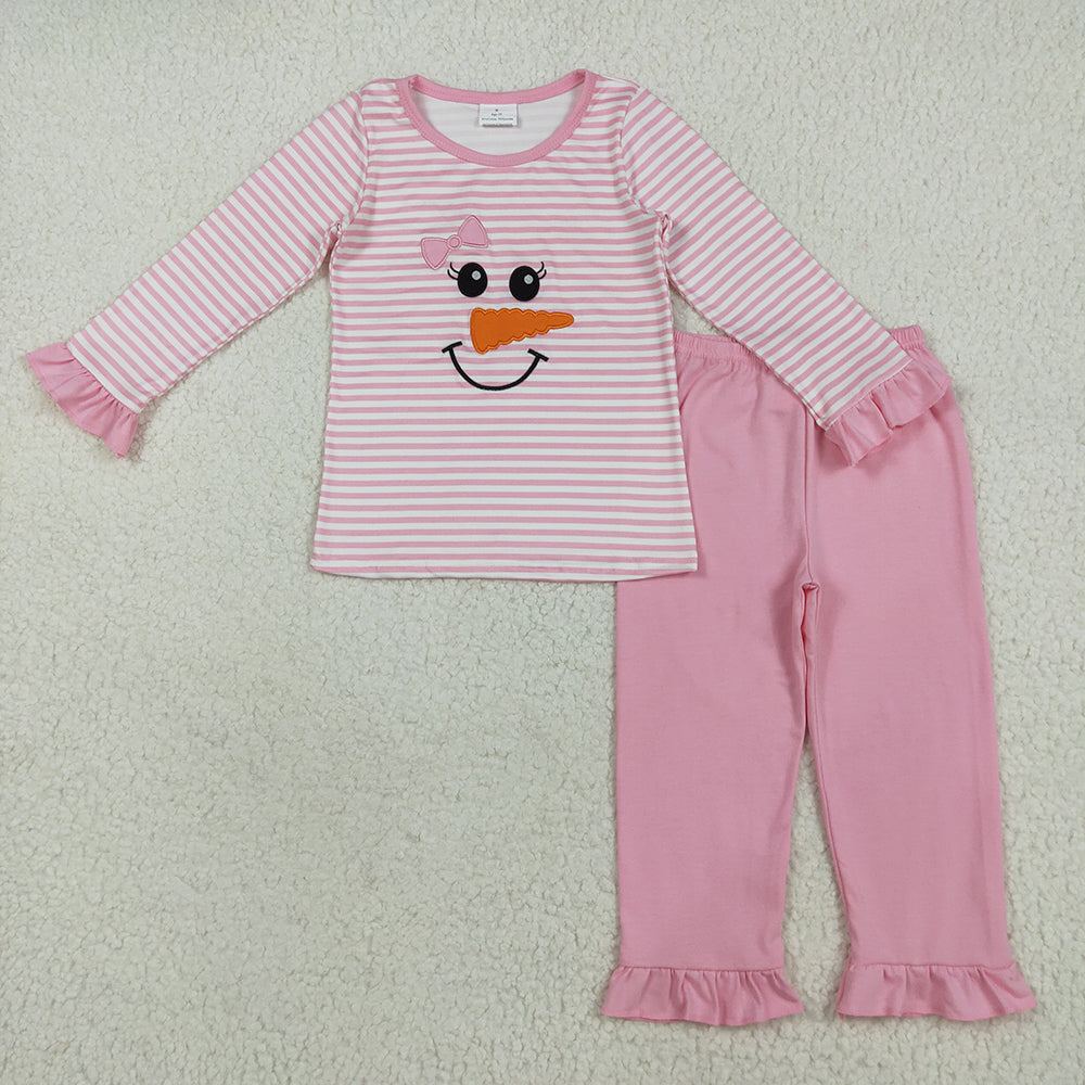 GLP2520 Snowman Smiling Embroidery Stripes Top Pink Pants Girls Christmas Clothes Set
