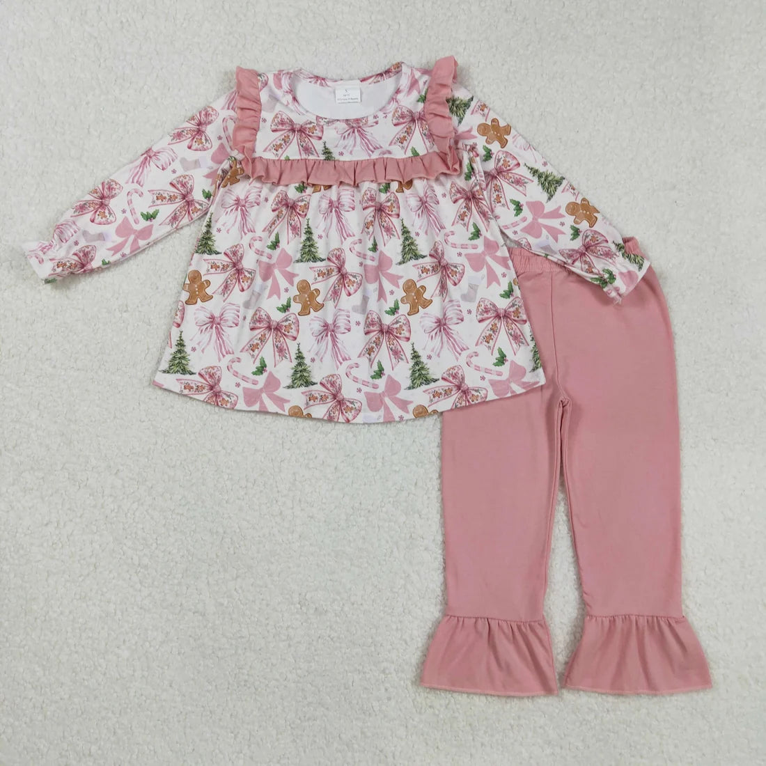 Sibling Baby Girls Long Ruffle Sleeves Santa Gingerbread Trees Tunic Pants Christmas Clothes Sets