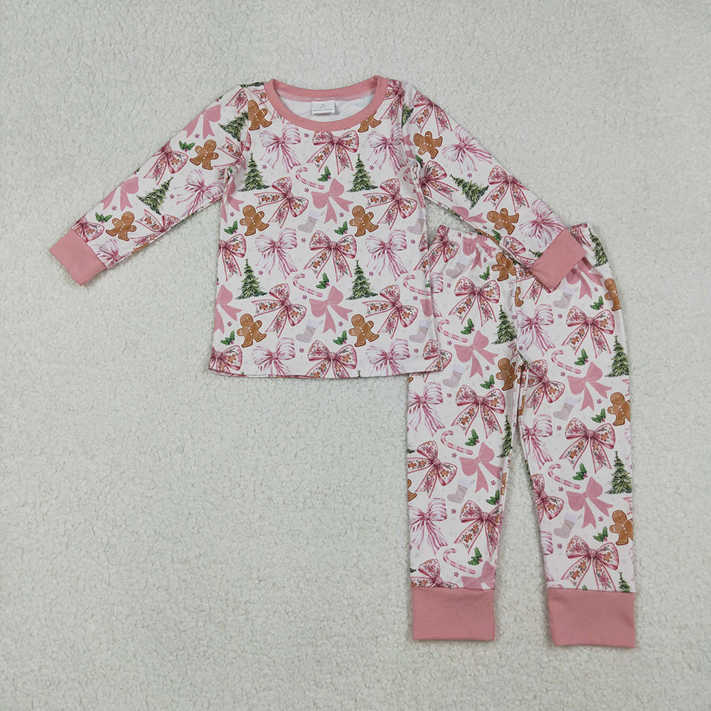 GLP2542 Gingerbread Tree Candy Cane Bows Print Girls Christmas Pajamas Clothes Set