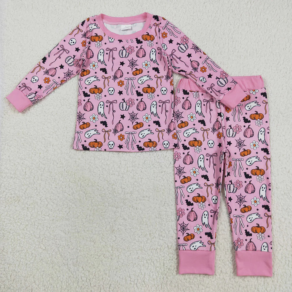 Sibling Baby Girls Pink Ghosts Pumpkins Halloween Rompers Pajamas Sets