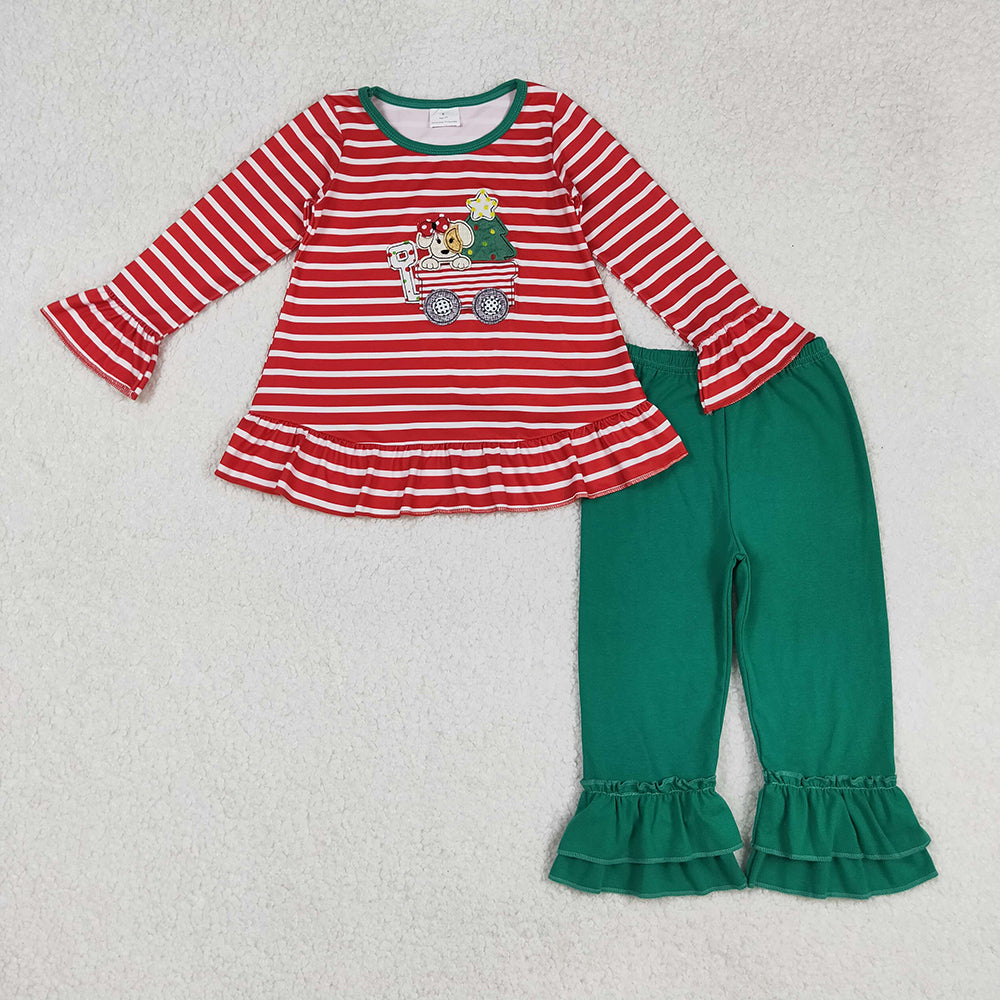 GLP2580 Dog Tree Embroidery Stripes Tunic Top Green Pants Girls Christmas Clothes Set