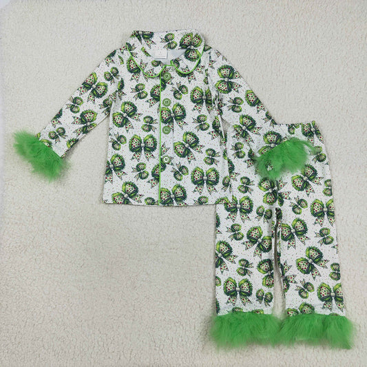 GLP2582 Green Frog Bows Dots Print Girls Christmas Buttons Fur Pajamas Clothes Set