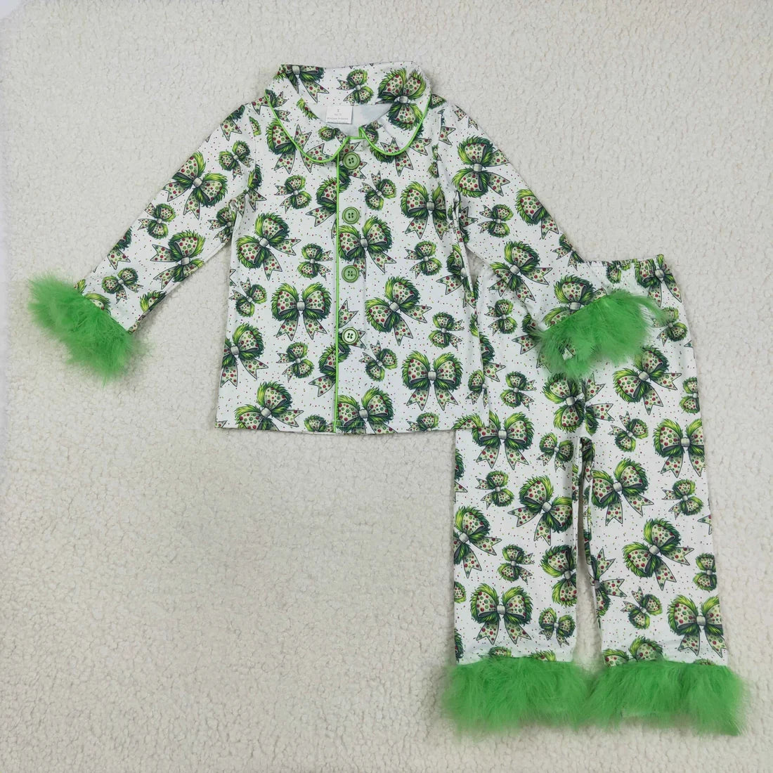 Sibling Baby Girls Sister Christmas Green Face Bows Buttons Top Pants Fur Pajamas Clothes Sets