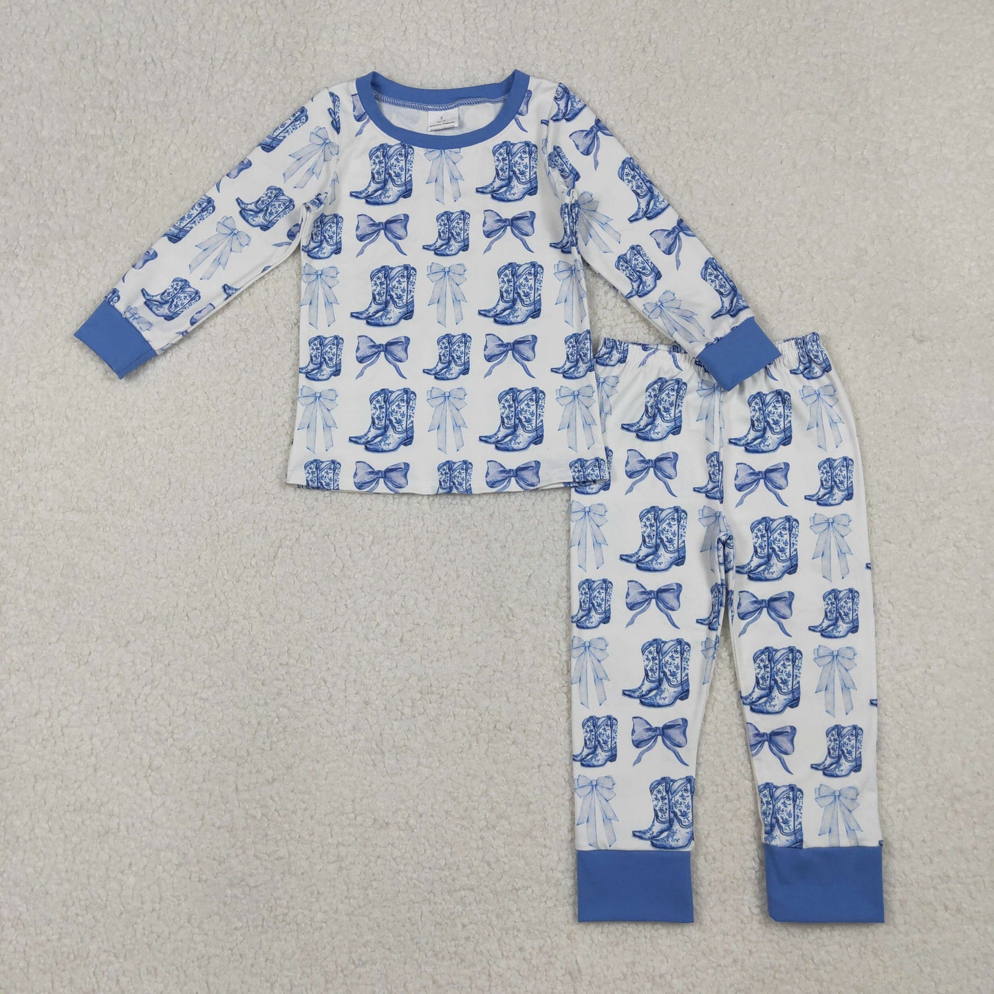 Sibling Baby Girls Blue Bows Pants Top Pants Western Pajamas Set Zipper Rompers