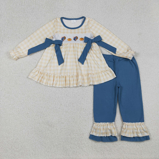 GLP2594 Turkey Pumpkin Embroidery Checkered Tunic Top Ruffle Pants Girls Thanksgiving Clothes Set