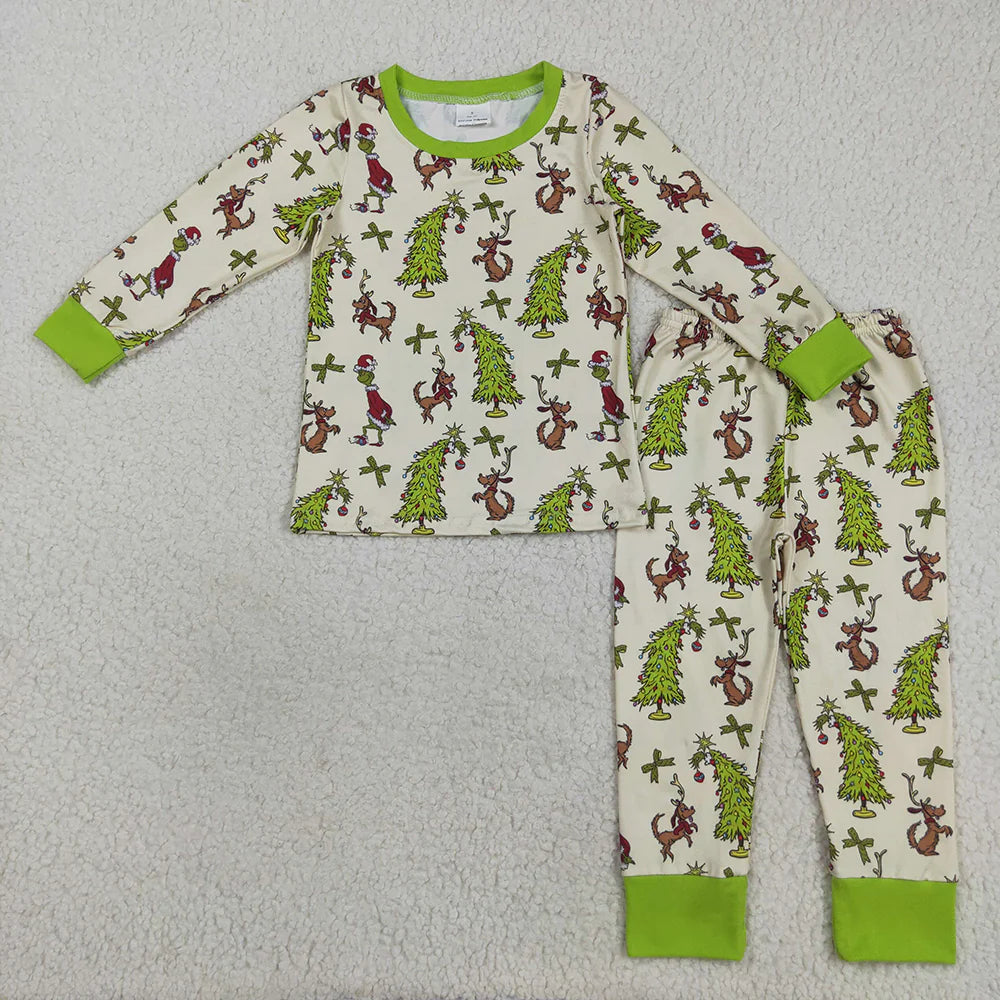 Sibling Baby Kids Green Face Christmas Trees Pajams Sets Zipper Footie Rompers