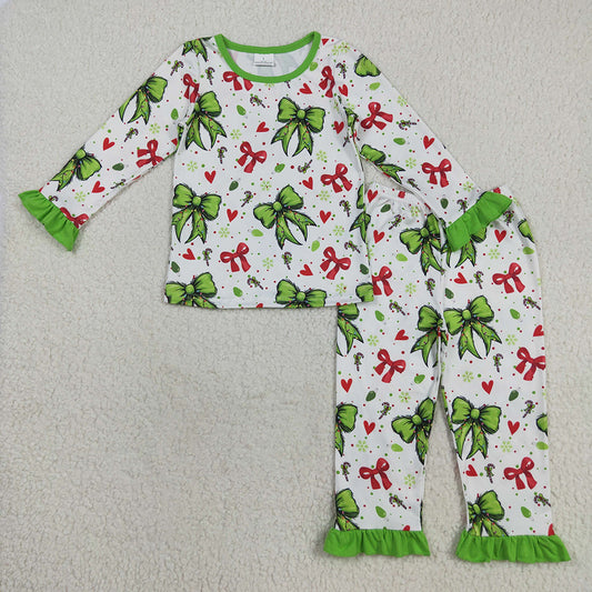 GLP2628 Green Frog Bows Candy Cane Print Girls Christmas Pajamas Clothes Set
