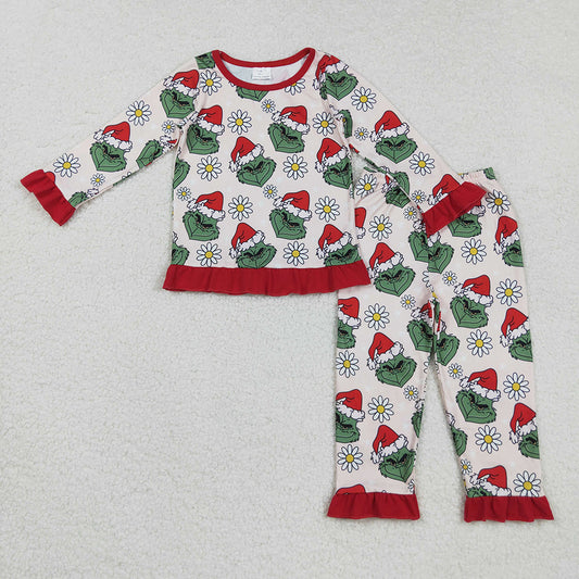 GLP2635 Green Frog Smiling Flowers Print Girls Christmas Pajamas Clothes Set