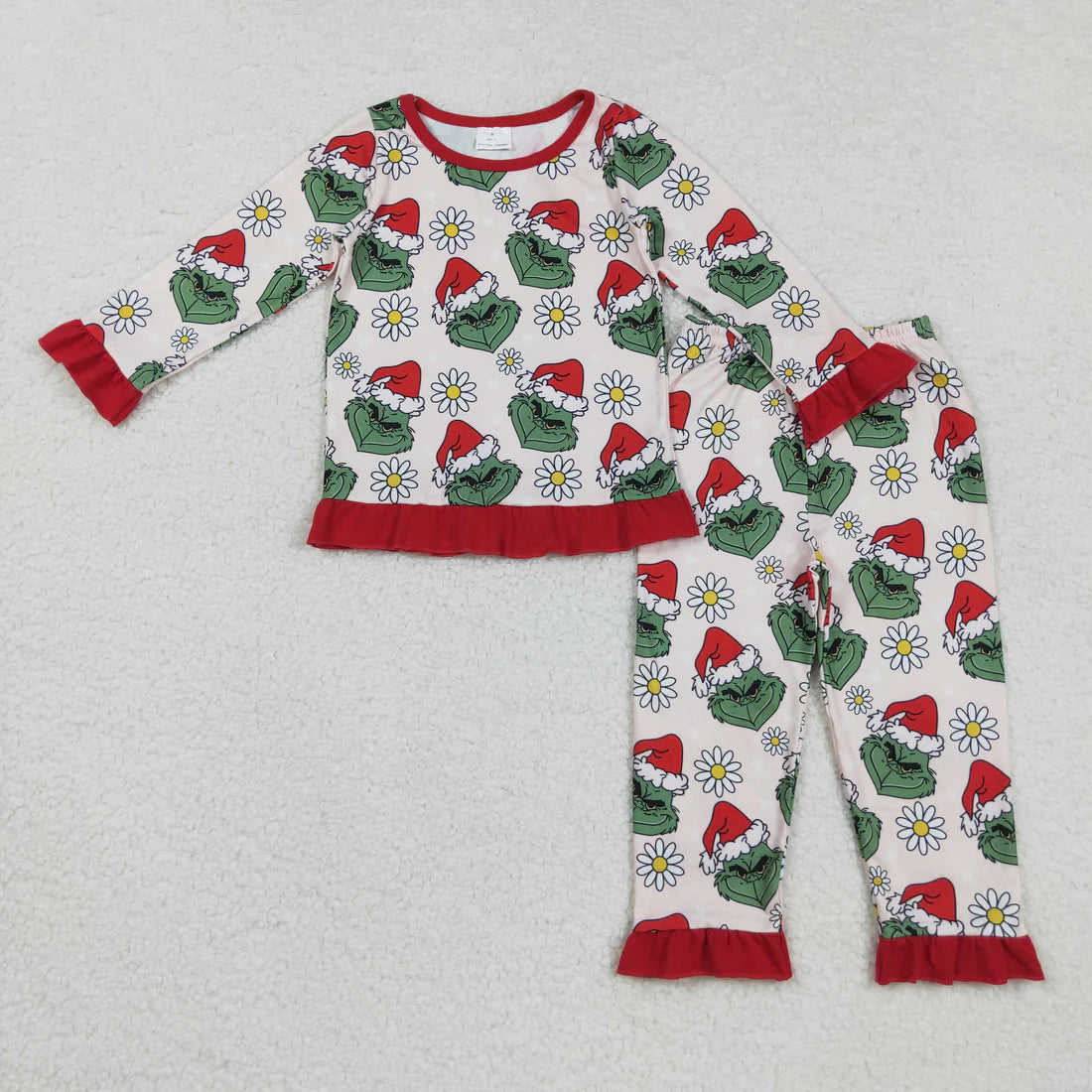 Sibling Baby Girls Christmas Green Face Daisy Pajamas Set Zipper Footie Romper Knee Length Dress