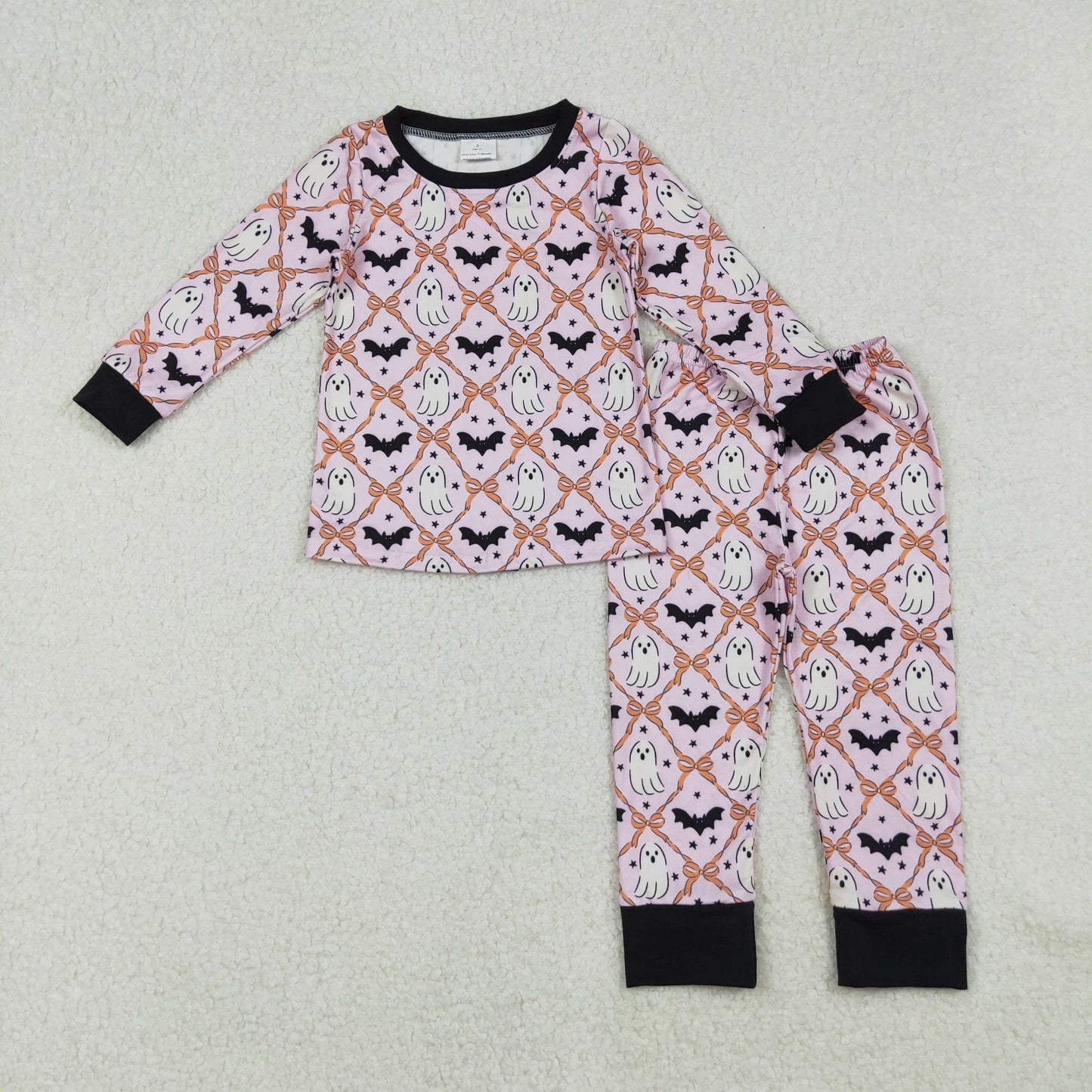 GLP2639 Ghost Bat Bows Print Girls Halloween Pajamas Clothes Set