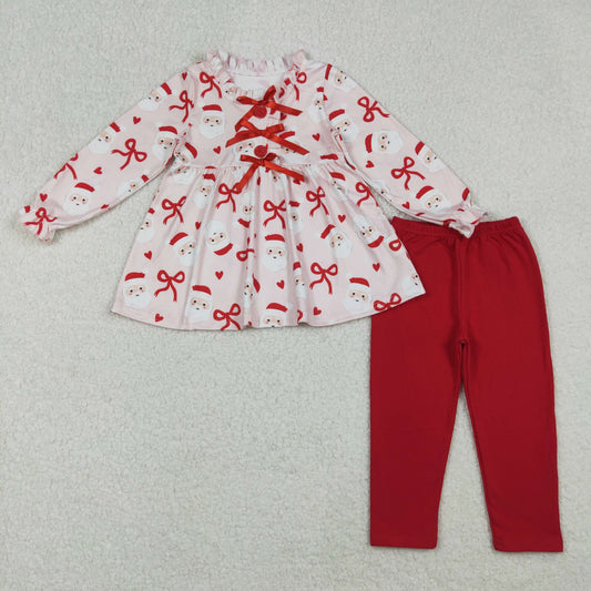 GLP2642 Santa Bows Tunic Top Red Pants Girls Christmas Clothes Set
