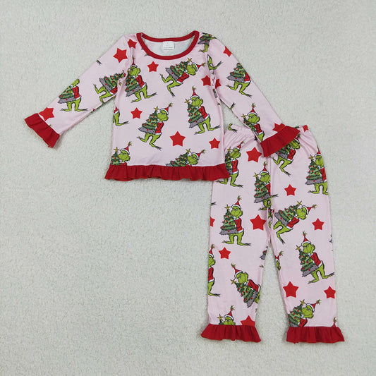 GLP2646 Green Frog Tree Stars Print Girls Christmas Pajamas Clothes Set