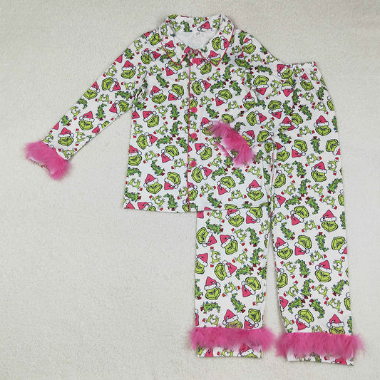 GLP2648 Adult Green Frog Smiling Print Woman Christmas Buttons Fur Pajamas Clothes Set