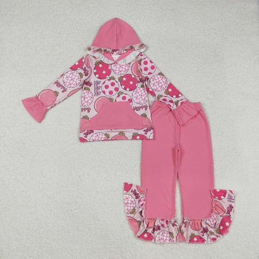 GLP2650 HOHOHO Lights Pink Hoodie Top Ruffle Pants Girls Christmas Clothes Set