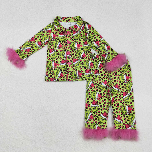 GLP2669 Green Frog Smiling Leopard Print Girls Christmas Buttons Fur Pajamas Clothes Set