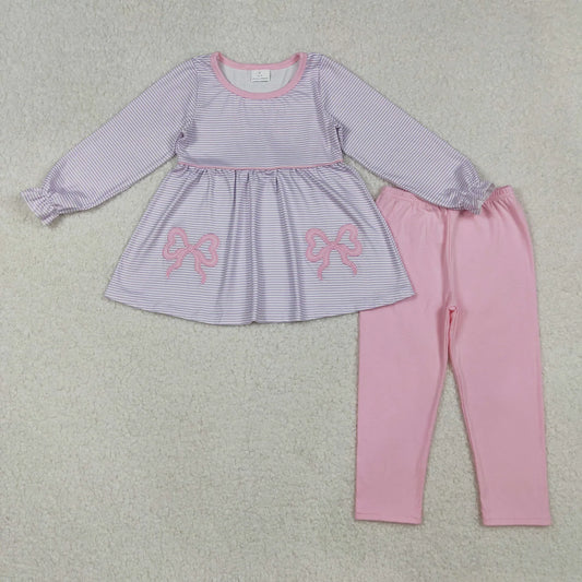Sibling Baby Girls Embroidery  Bow Long Sleeve Tunic Top with Leggings Outfit