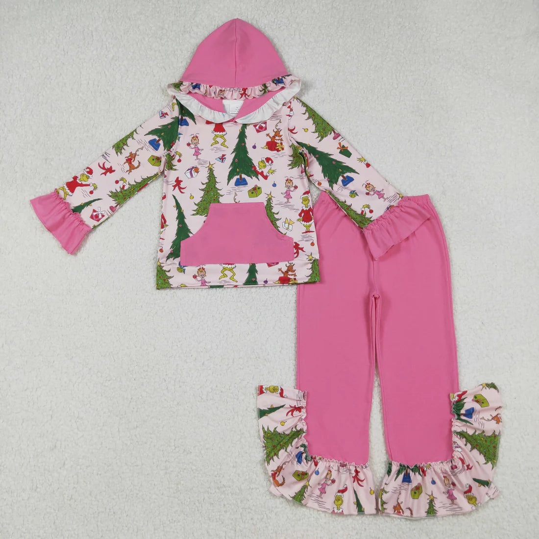 Sibling Baby Girls Pink Lights Grin Plaid Pocket Hoodies Ruffle Bell Pants Christmas Clothes Sets
