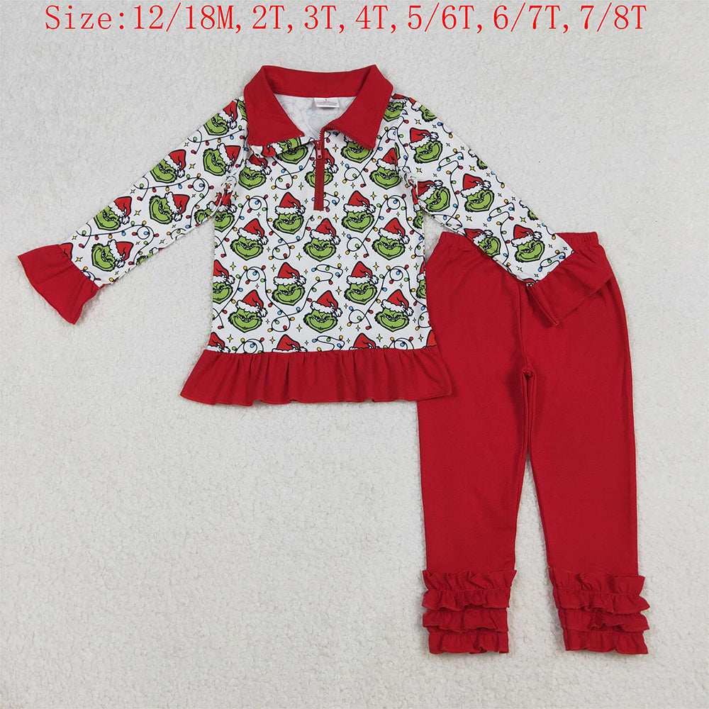GLP2714 Green Frog Zipper Pullover Top Red Pants Girls Christmas Clothes Set