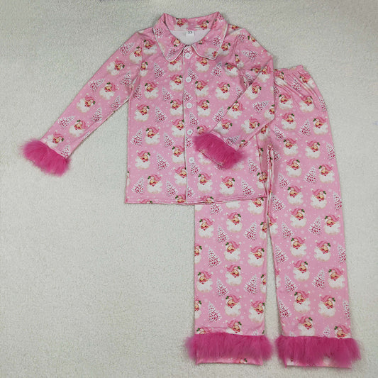 GLP2718 Adult Santa Tree Pink Print Woman Christmas Buttons Fur Pajamas Clothes Set