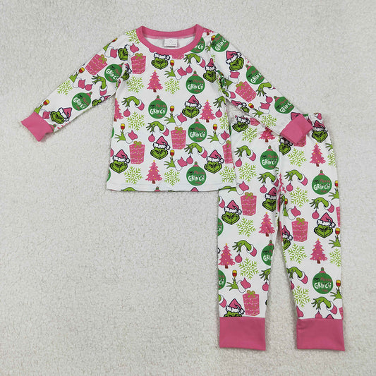 GLP2733 Green Frog Print Girls Christmas Pajamas Clothes Set