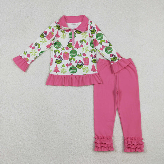 GLP2734 Green Frog Zipper Pullover Top Pink Pants Girls Christmas Clothes Set