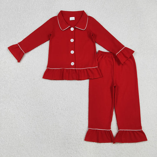 GLP2789 Red Cotton Girls Christmas Buttons Pajamas Clothes Set