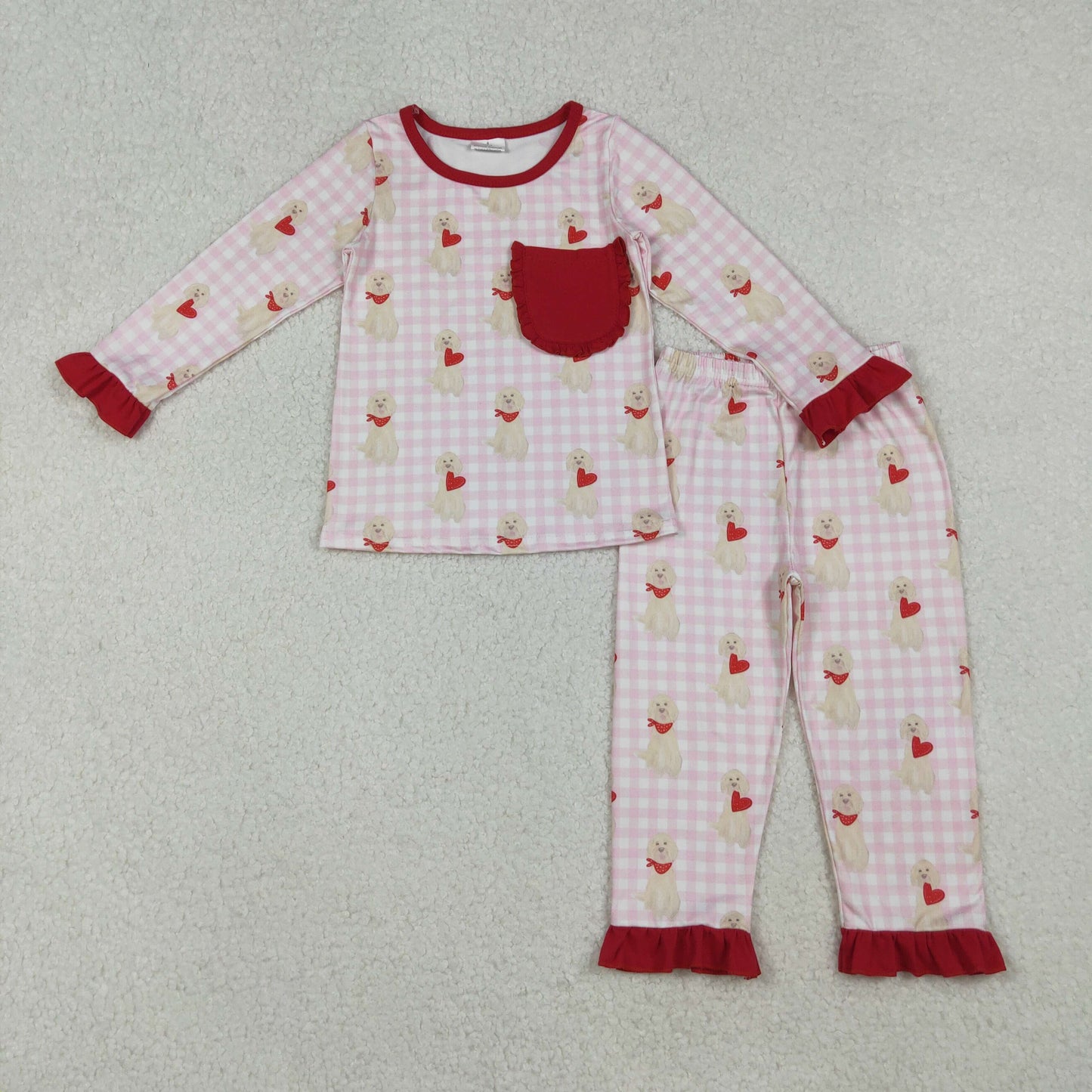 Mama and Me Girls Hearts Dogs Valentine Pajamas Set Ruffle Dress Zipper Romper Mamas Pants Bottom