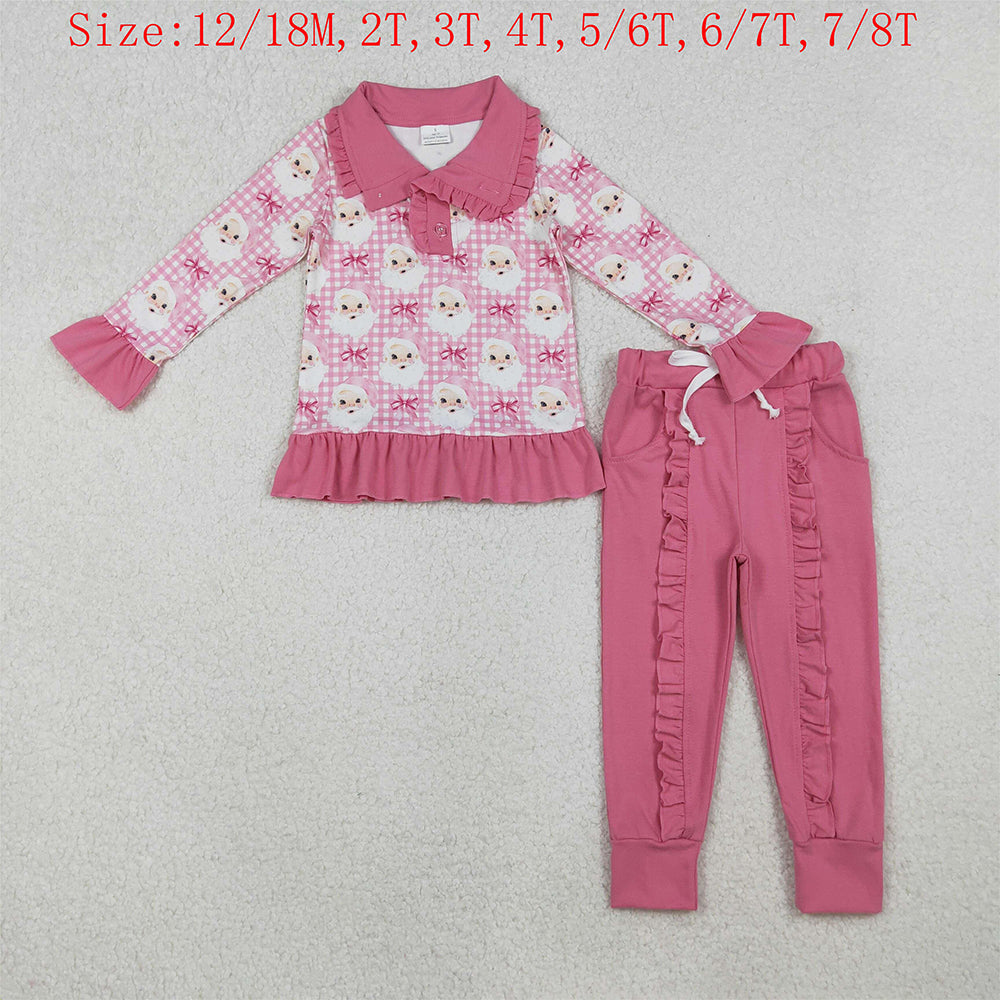 GLP2881 Santa Checkered Buttons Pullover Top Pink Ruffle Pants Girls Christmas Clothes Set