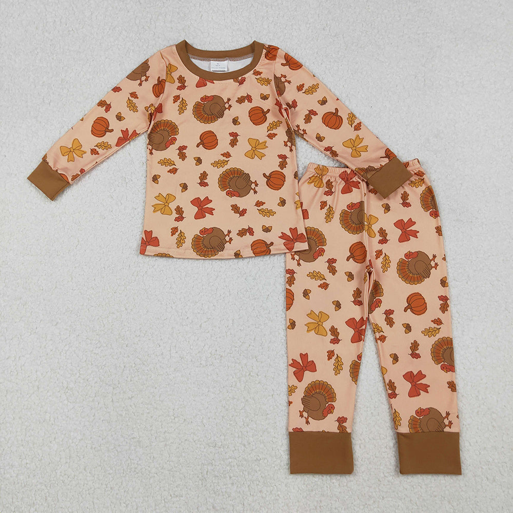 GLP2883 Turkey Pumpkin Bows Print Girls Thanksgiving Clothes Set